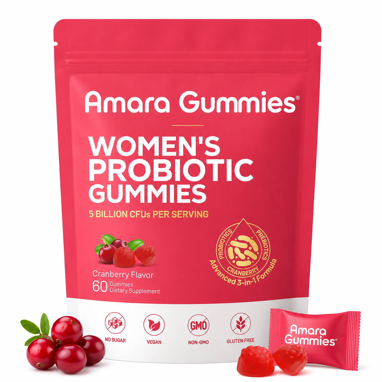 Amara Bloom Gummies™ — 3-in-1 Probiotic + Prebiotic + Cranberry for Women's Gut & pH Balance