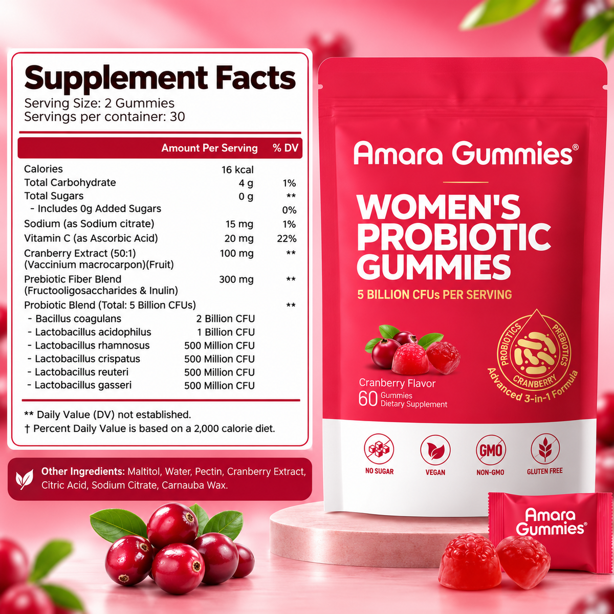 Amara Bloom Gummies™ — 3-in-1 Probiotic + Prebiotic + Cranberry for Women's Gut & pH Balance
