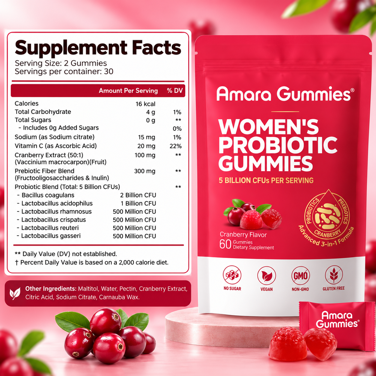 Amara Bloom Gummies™ — 3-in-1 Probiotic + Prebiotic + Cranberry for Women's Gut & pH Balance