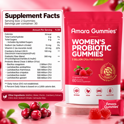 Amara Bloom Gummies™ — 3-in-1 Probiotic + Prebiotic + Cranberry for Women's Gut & pH Balance