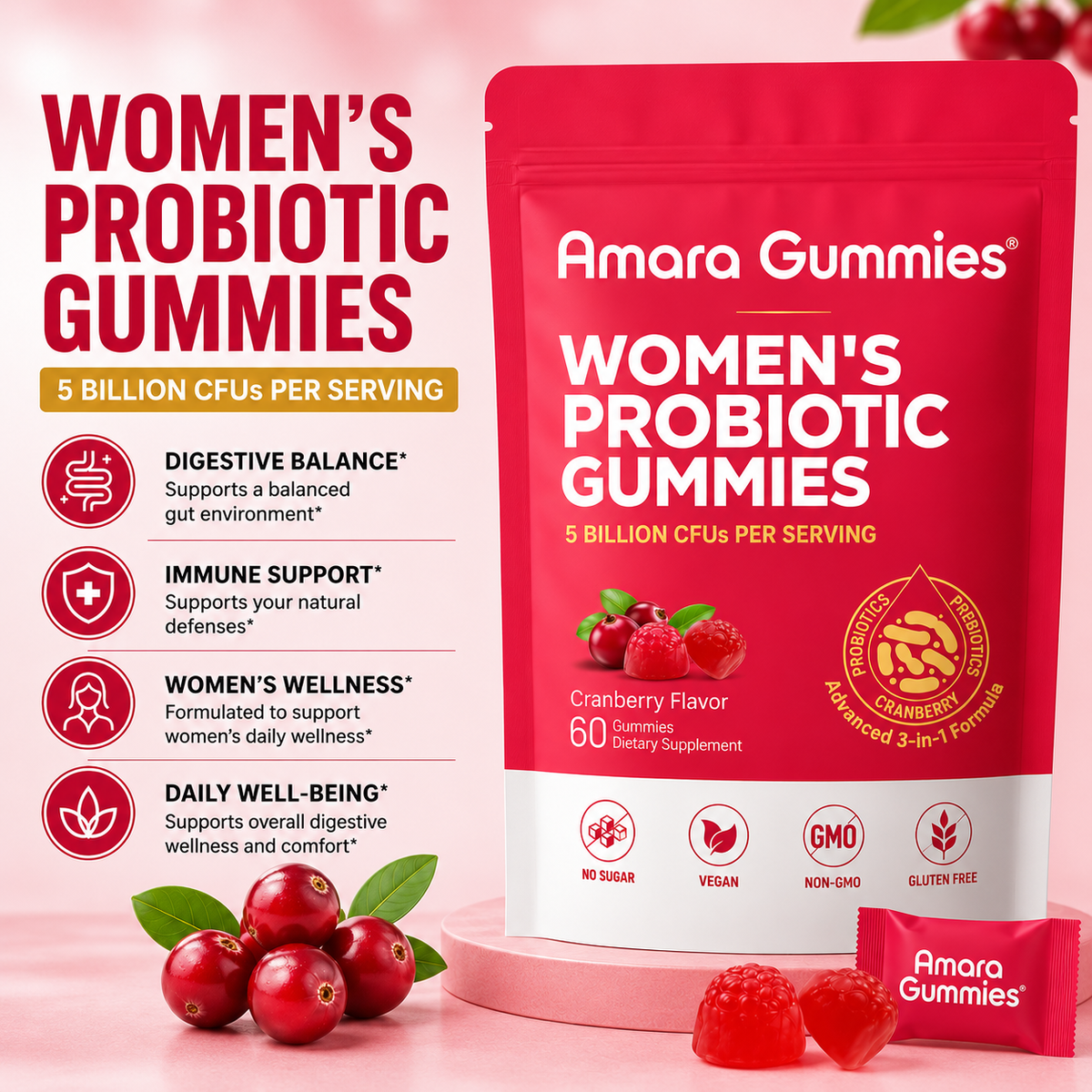 Amara Bloom Gummies™ — 3-in-1 Probiotic + Prebiotic + Cranberry for Women's Gut & pH Balance