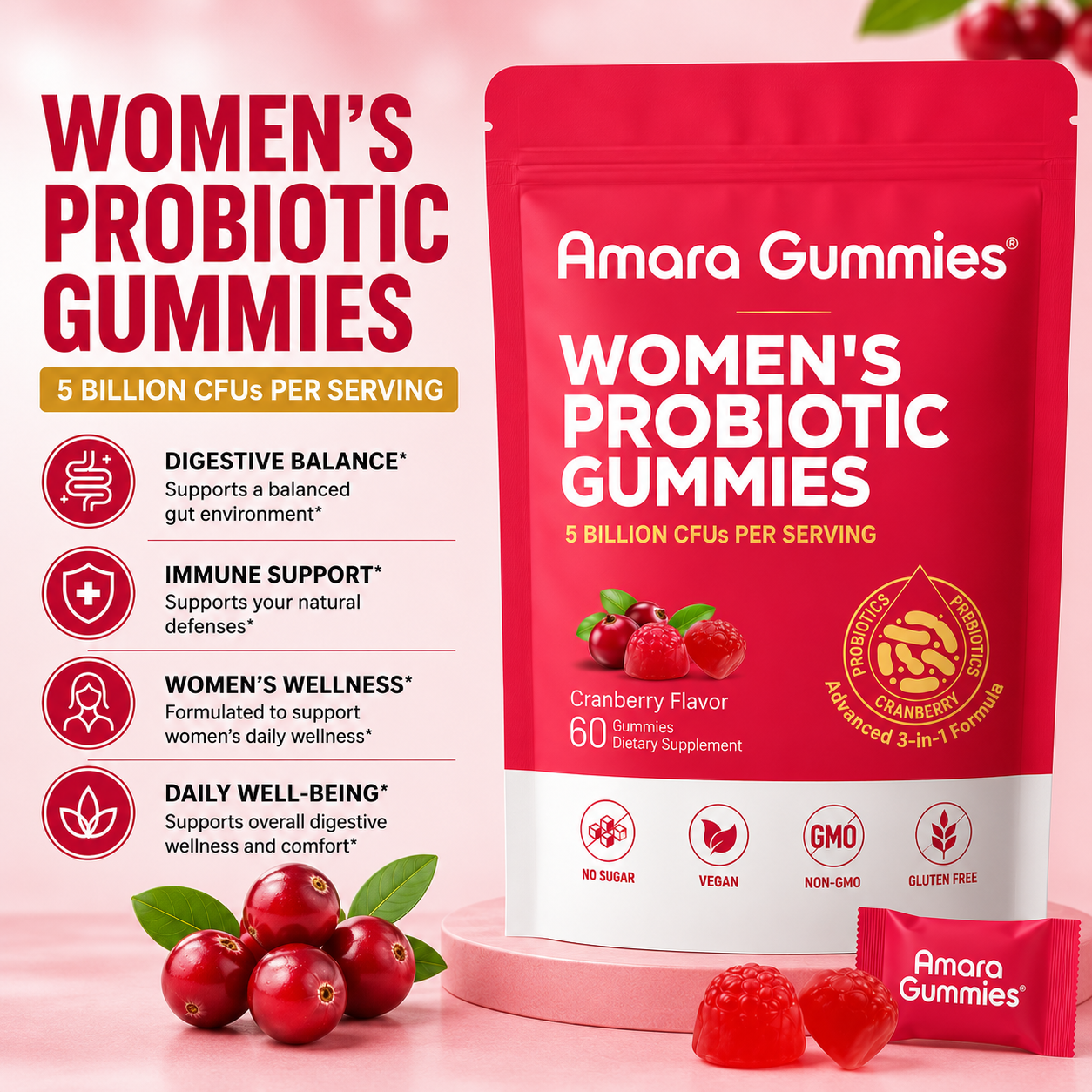 Amara Bloom Gummies™ — 3-in-1 Probiotic + Prebiotic + Cranberry for Women's Gut & pH Balance