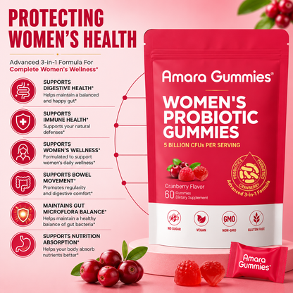 Amara Bloom Gummies™ — 3-in-1 Probiotic + Prebiotic + Cranberry for Women's Gut & pH Balance