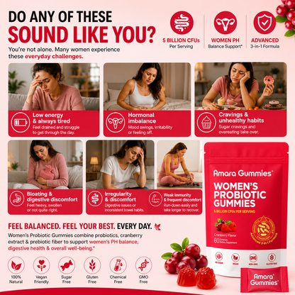 Amara Bloom Gummies™ — 3-in-1 Probiotic + Prebiotic + Cranberry for Women's Gut & pH Balance